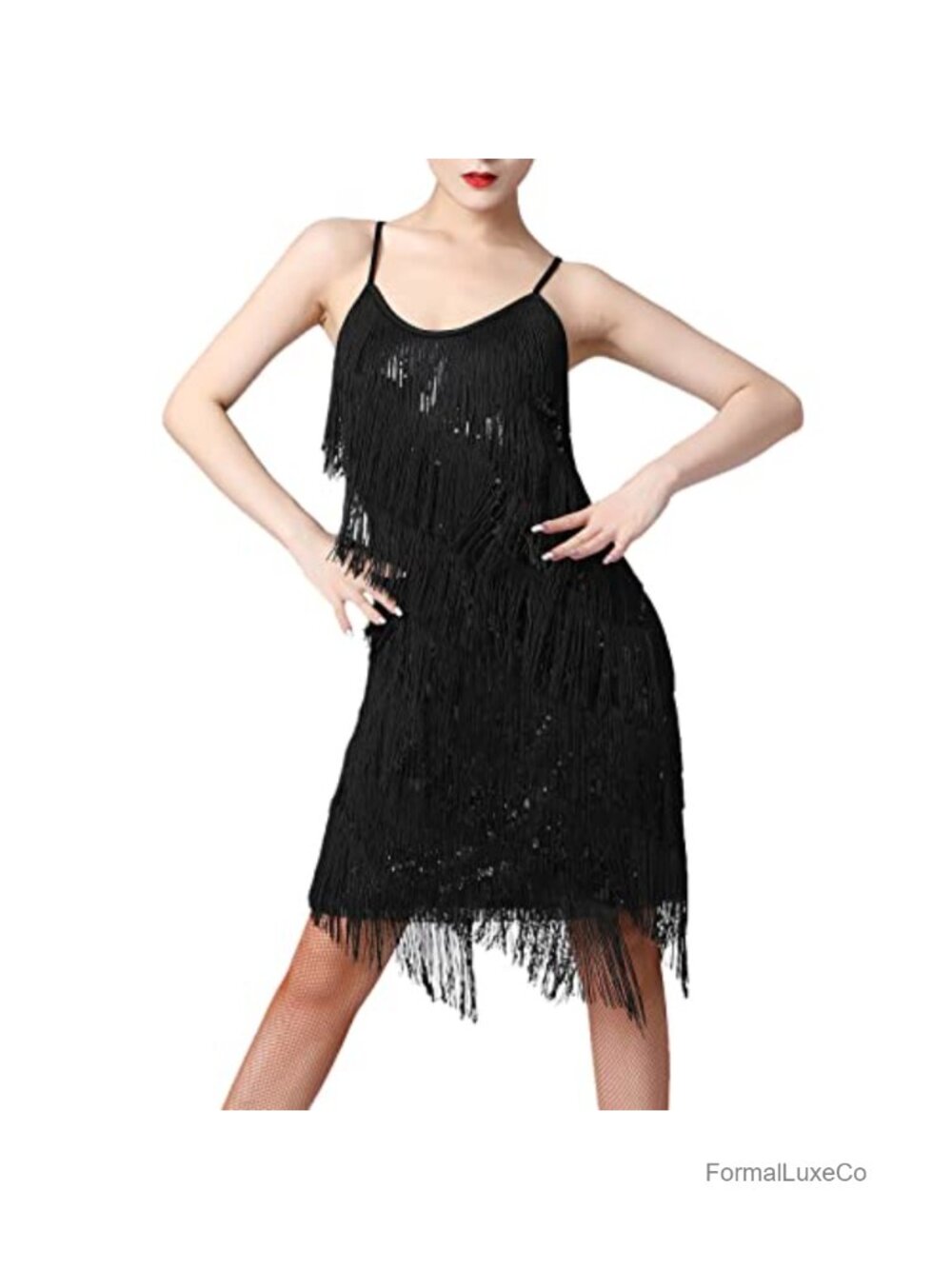 Sequin Fringe Tassel Latin Dance Dress V-Neck Spaghetti Strap Flapper Costume